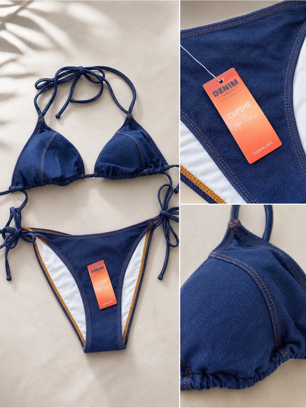 Cupshe Denim-Look Navy Triangle Tie Bikini